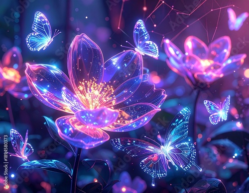 Vibrant neon flowers bloom with glowing butterflies in magical garden scene