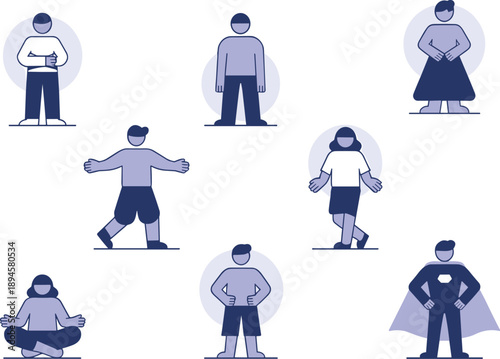 Minimalist human figures, diverse poses, cartoon silhouettes, individuality and diversity, flat vector illustration, blue purple design