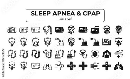 Sleep Apnea CPAP Machine Mask Breathing Device Therapy Treatment Continuous Airway Pressure Respiratory Medical Equipment Vector Icon Set - CPAP Therapy