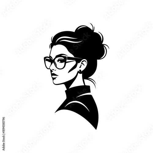 Woman wearing glasses and earrings looking sideways in a simple illustration style