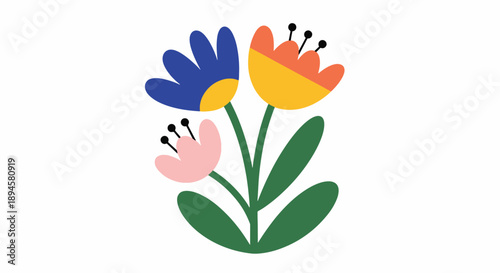 Colorful Folk Art Style Blooming Flowers on Stems with Green Leaves Isolated on White Background Abstract Modern Floral Design