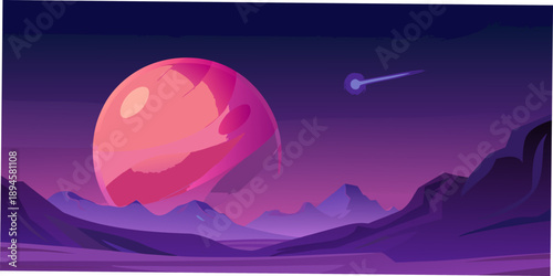 A large pink egg hovers over a mountainous purple landscape at night