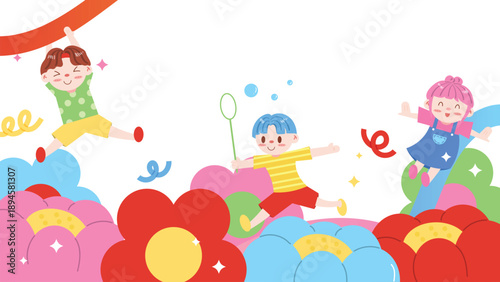 Kids playful vector background with jumping children, colorful clouds and balloon shapes. Fun illustration design for posters, birthday cards and event banners.