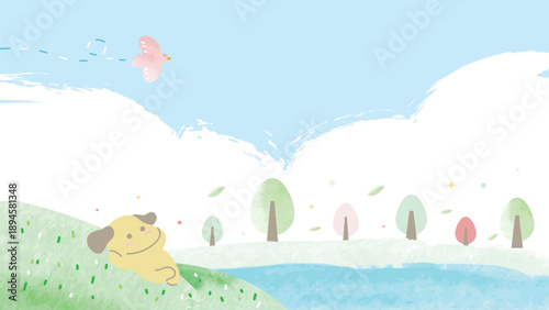 Kids spring landscape vector background with cute puppy, pastel meadow, lake and clouds. Soft illustration design for posters, storybooks and nursery decor.