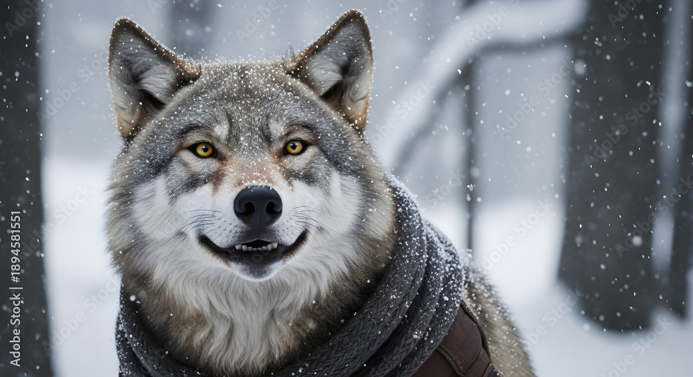 Fototapeta premium A charming portrait of a grey wolf wearing a warm scarf while smiling playfully in a snowy forest