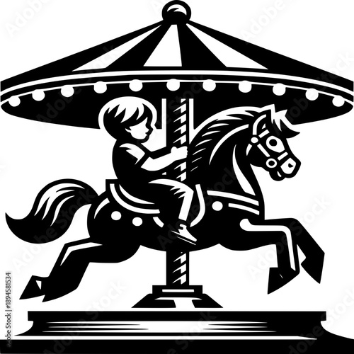 Carousel Joy: A black and white illustration of a child riding on a carousel horse, captured in a moment of pure amusement and innocent delight.