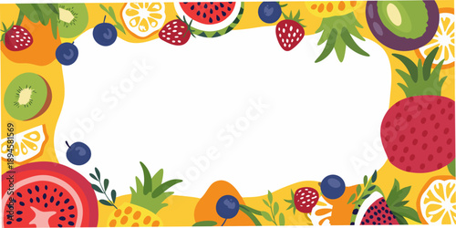 A colorful frame featuring various fresh fruits like kiwi strawberry and watermelon