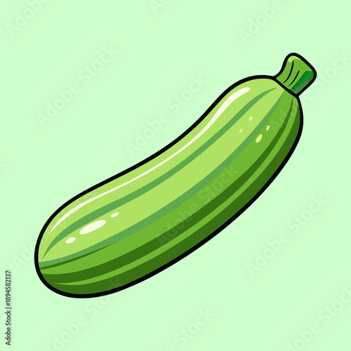 Cartoon illustration of a vibrant green zucchini against a pastel background