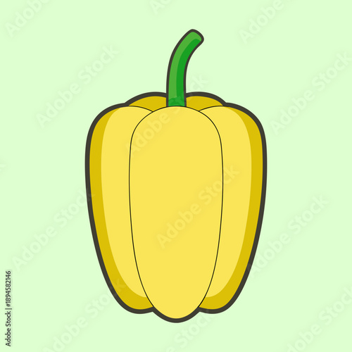 A bright yellow bell pepper with a green stem on light background
