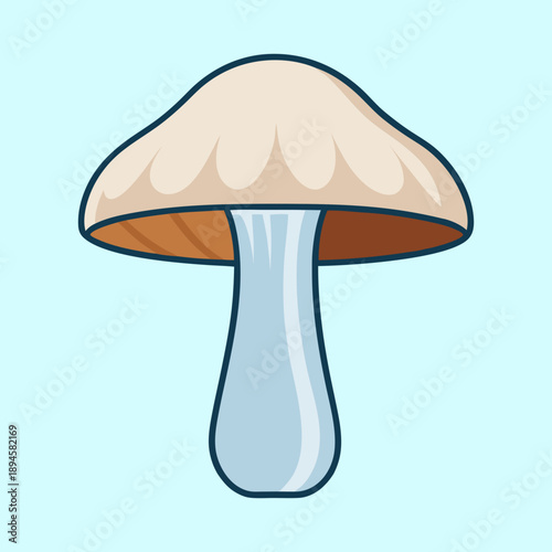 A simple stylized cartoon mushroom drawing against a light blue background