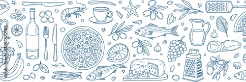 Italian Mediterranean Cuisine Banner Featuring Pizza Wine Cheese Seafood Grapes and Olives in Hand Drawn Blue Line Art Illustration Style