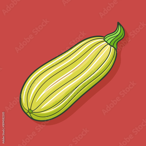 Artistic illustration of a yellow zucchini squash with green accents on red