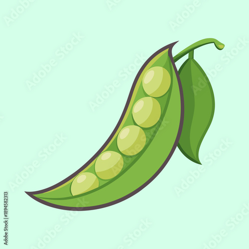Stylized green peas in pod with two leaves against light background
