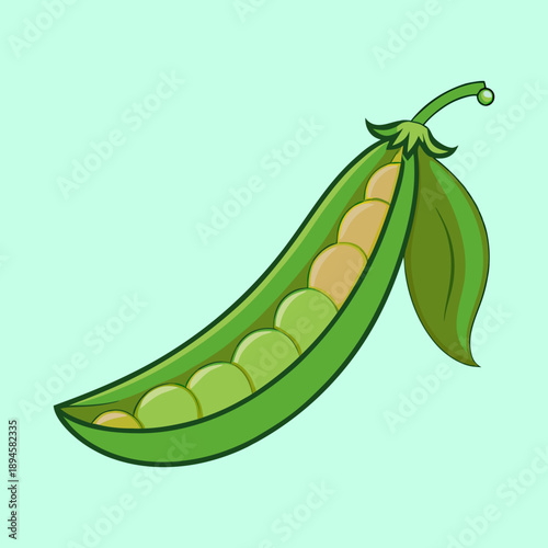 Illustration of a Pea Pod with Green Peas Against Light Green Background
