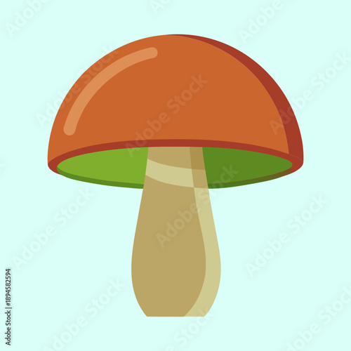 Stylized vector graphic depicting a single orange capped mushroom on pale blue