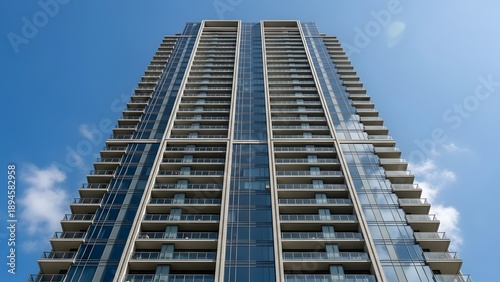 A low angle shot captures a towering modern skyscraper with a glass facade against a vibrant cloudless blue sky high quality professional detailed elegant stylish clean