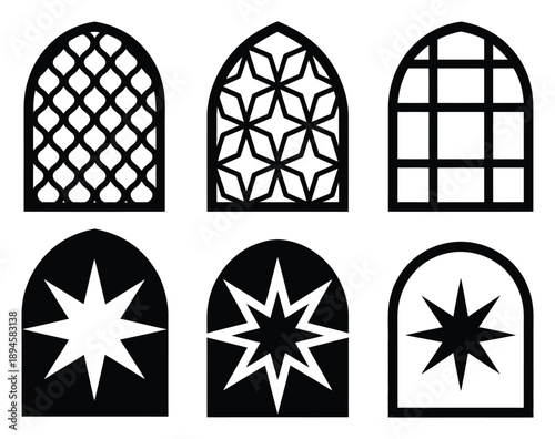 Collection of Six Gothic Arch Window Designs with Geometric and Star Patterns