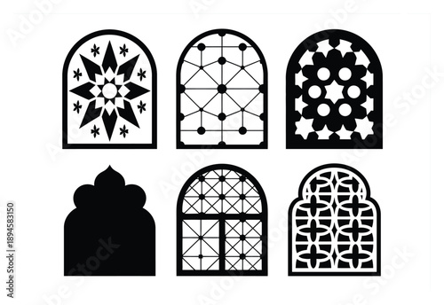 Collection of Six Arched Window Silhouettes with Geometric and Floral Designs