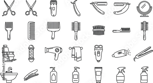 Professional Barber Shop and Hair Salon Line Icon Set Featuring Scissors Combs Razors Hair Dryers and Styling Tools in Minimalist Thin Outline Style