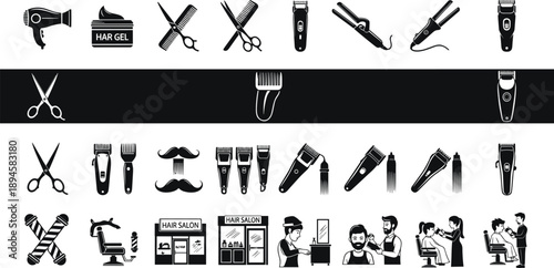 Professional Barber Shop and Hair Salon Icon Collection Featuring Hair Clippers Scissors Hair Dryers Salon Chairs and Styling Scenes in Black Silhouette Style