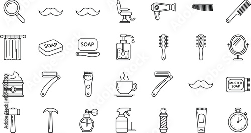 Professional Barber Shop and Morning Grooming Line Icon Set Featuring Mustaches Shaving Razors Soap Hair Dryers Coffee and Salon Equipment in Thin Outline Style