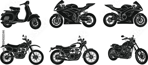 Motorcycle silhouette set, scooter sportbike cruiser dirt bike collection, black and white motorbike icons, vintage and modern transportation illustration design
