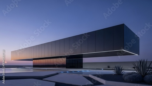 A modern minimalist house with a striking cantilever design is illuminated against a dusky twilight sky showcasing architectural brilliance high quality professional detailed elegant stylish clean