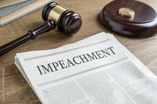 Legal gavel resting on a wooden table beside an impeachment newspaper, symbolizing justice and governance