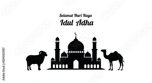 Idul adha greeting card with mosque and animals