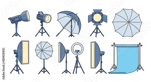 Comprehensive collection of professional photography studio lighting equipment icons including softboxes, umbrellas, and ring lights.
