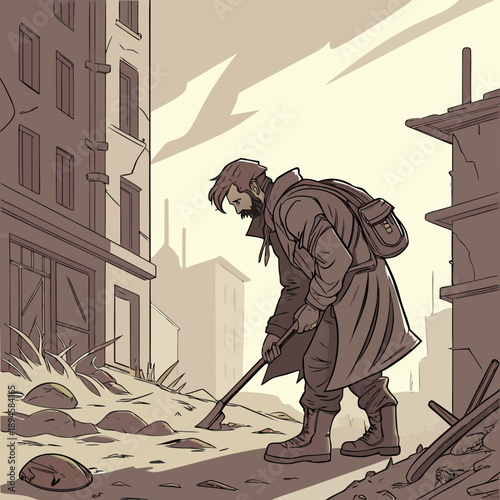 Post-apocalyptic survivor in tattered clothes, desolate wasteland