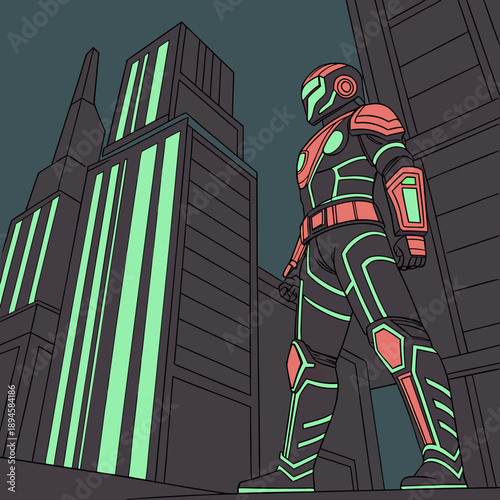 Sci-Fi Cybernetic Warrior with Neon Accents Illustration