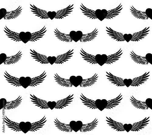Seamless pattern with winged hearts in black silhouette. Romantic symbolic design. Valentine Day cards, fashion prints and decorative backgrounds.