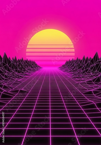 Neon grid road through wireframe mountains at sunset