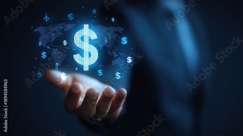 Businessman holding a glowing digital dollar symbol and world map in hand representing global finance and international business