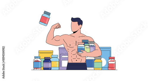 Illustration of a muscular shirtless bodybuilder flexing his arm while surrounded by numerous plastic bottles of health supplements.