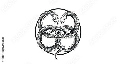 Mystical black and white occult symbol featuring two intertwined snakes and an all-seeing eye within a circle on a white background.