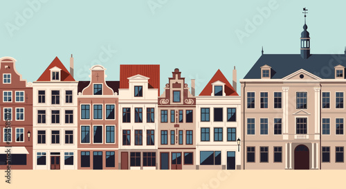 Row of colorful traditional European houses with various gabled roofs typical of architecture found in cities like Amsterdam or Bruges.
