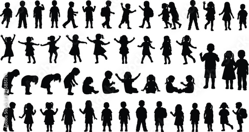 Large bundle of black silhouettes featuring professional business people dancing couples active children and a diverse massive crowd for architectural visualization urban lifestyle and design