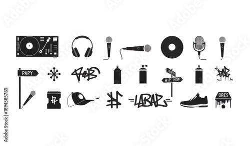  Urban Rap Music Flat Silhouette Icons Vector Set