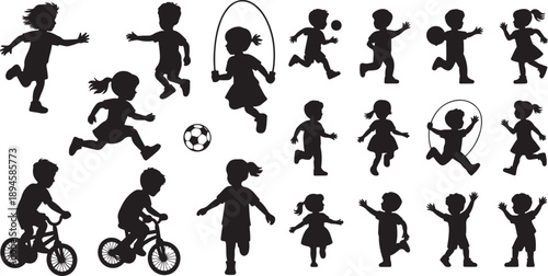 set of detailed children playing boys and girls. silhouette vector icon  illustration with white background.