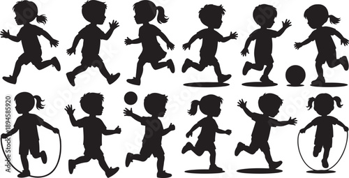 set of detailed children playing boys and girls. silhouette vector icon  illustration with white background.