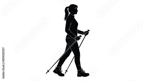 Black Silhouette Illustration of a Woman Nordic Walking with Trekking Poles, Outdoor Hiking Exercise Icon for Fitness, Health, and Adventure Design (22 words)
