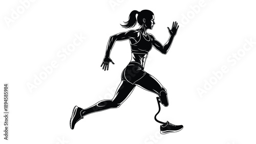 Black silhouette of a female para-athlete with a prosthetic leg running fast, representing strength, determination, inclusion, and disabled sports achievement.