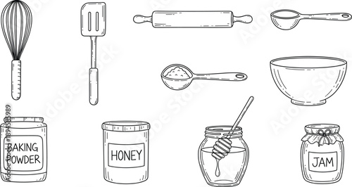 Baking utensils and ingredients line icons set with whisk, spatula, rolling pin, bowls, honey, jam, and baking powder