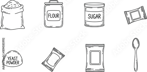 Baking ingredients line icons set with flour sack, sugar jar, yeast powder, packets, and spoon in outline style