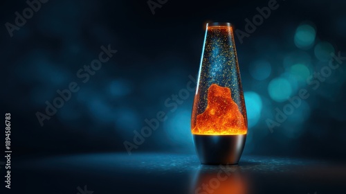 Glowing lava lamp with orange wax and starry blue liquid on dark bokeh background
