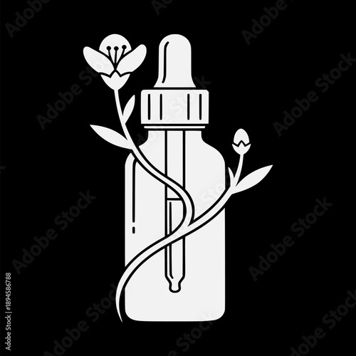 An illustration of a serum bottle with a dropper and a blooming flower wrapped around it, viewed from the front.