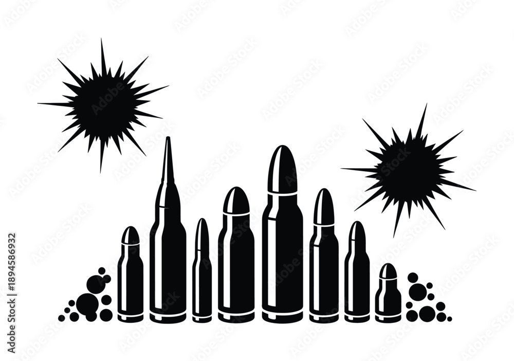 Naklejka premium Black and White Illustration of Bullets and Explosions