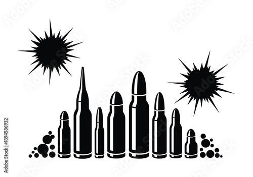 Black and White Illustration of Bullets and Explosions